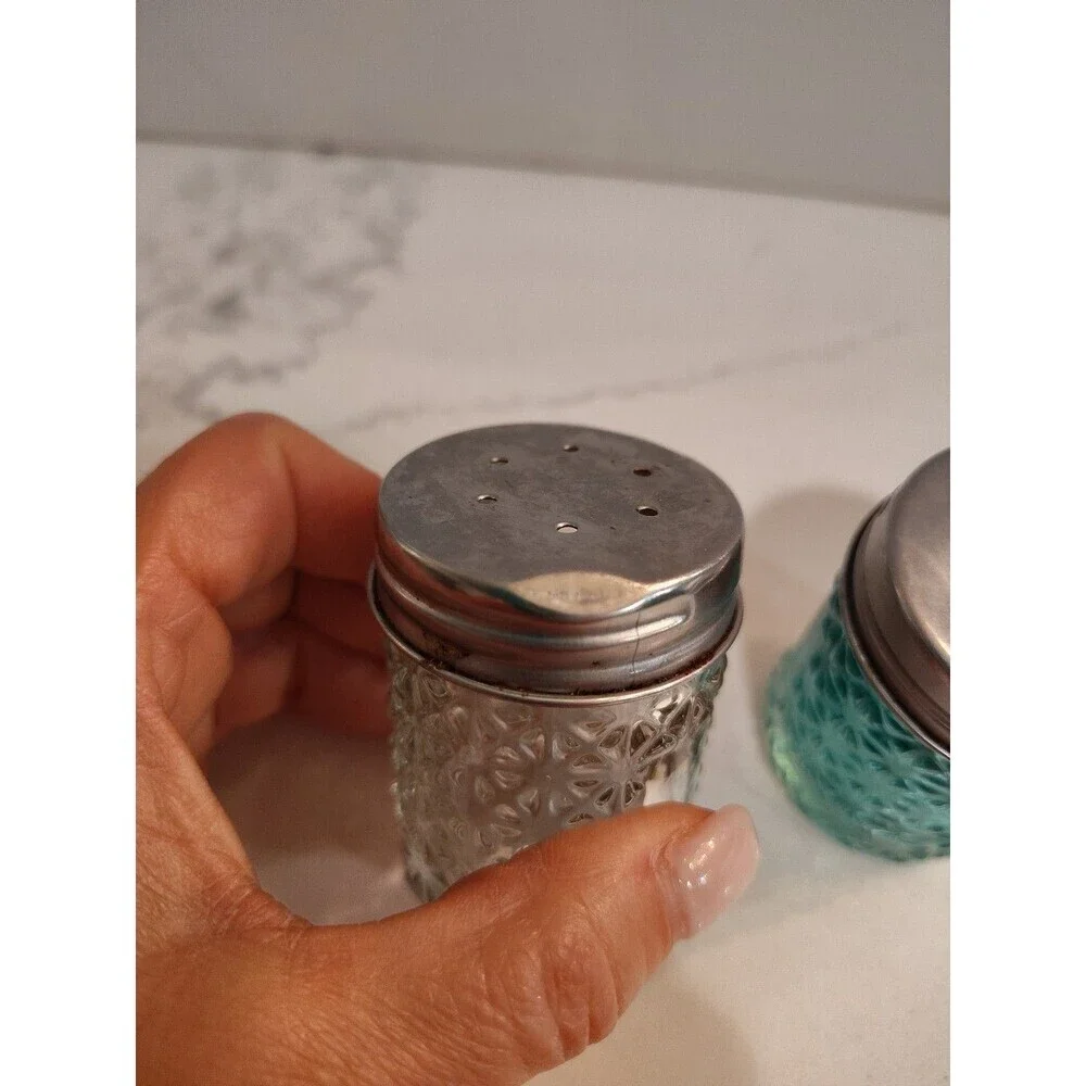 Vintage Glass Salt and Pepper Green and Clear Daisy Sunburst